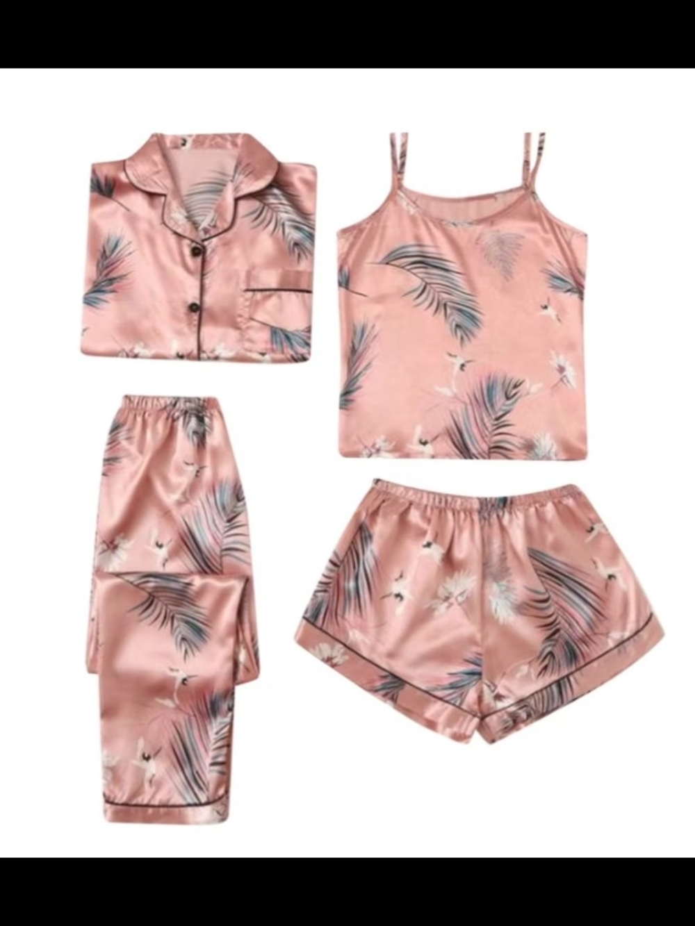 4-Piece Satin Pajama Set in Blush Pink with Tropical Leaf Print